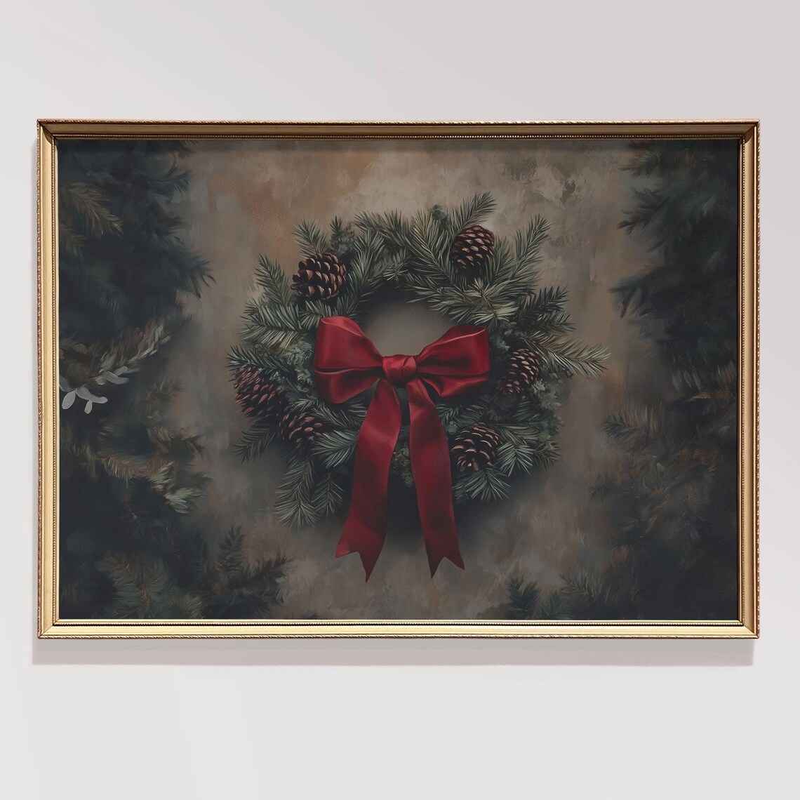 Moody Christmas Wreath Pinecones Red Bow Dark Holiday Poster