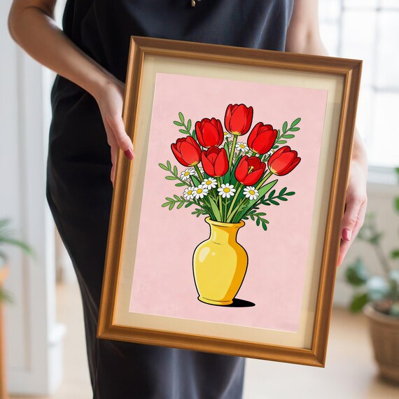 Red Tulips And White Daisies In Yellow Vase Playful Art Poster