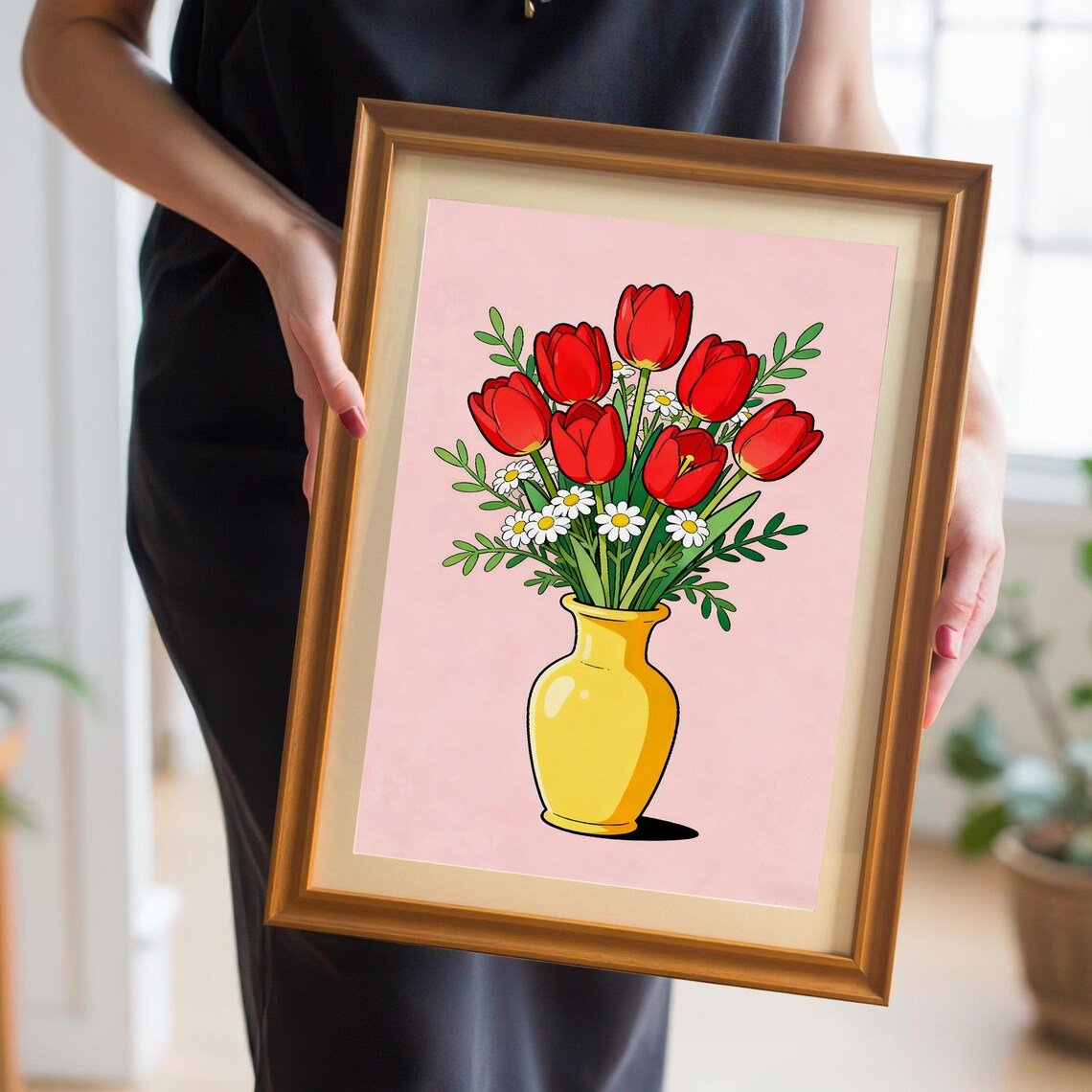 Red Tulips And White Daisies In Yellow Vase Playful Art Poster
