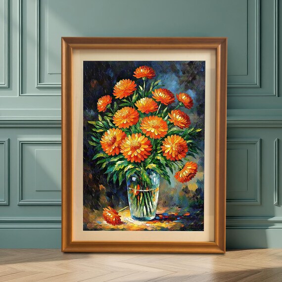 Bright Orange Flowers In Glass Vase Textured Oil Painting Poster