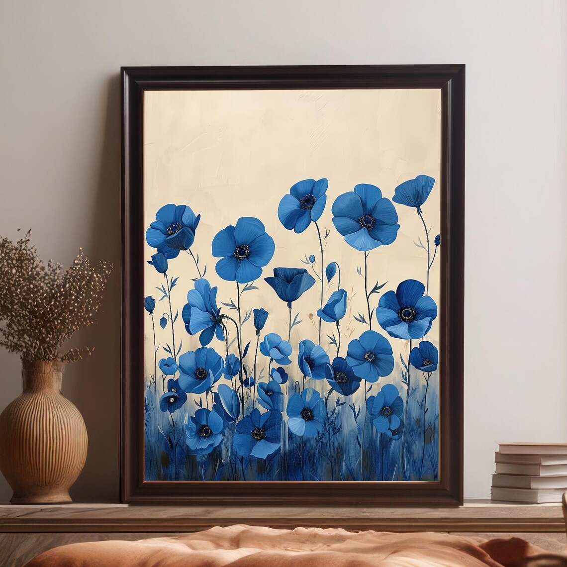 Blue Poppy Floral Art Framed Botanical Wall Print Hanging In Wood Frame