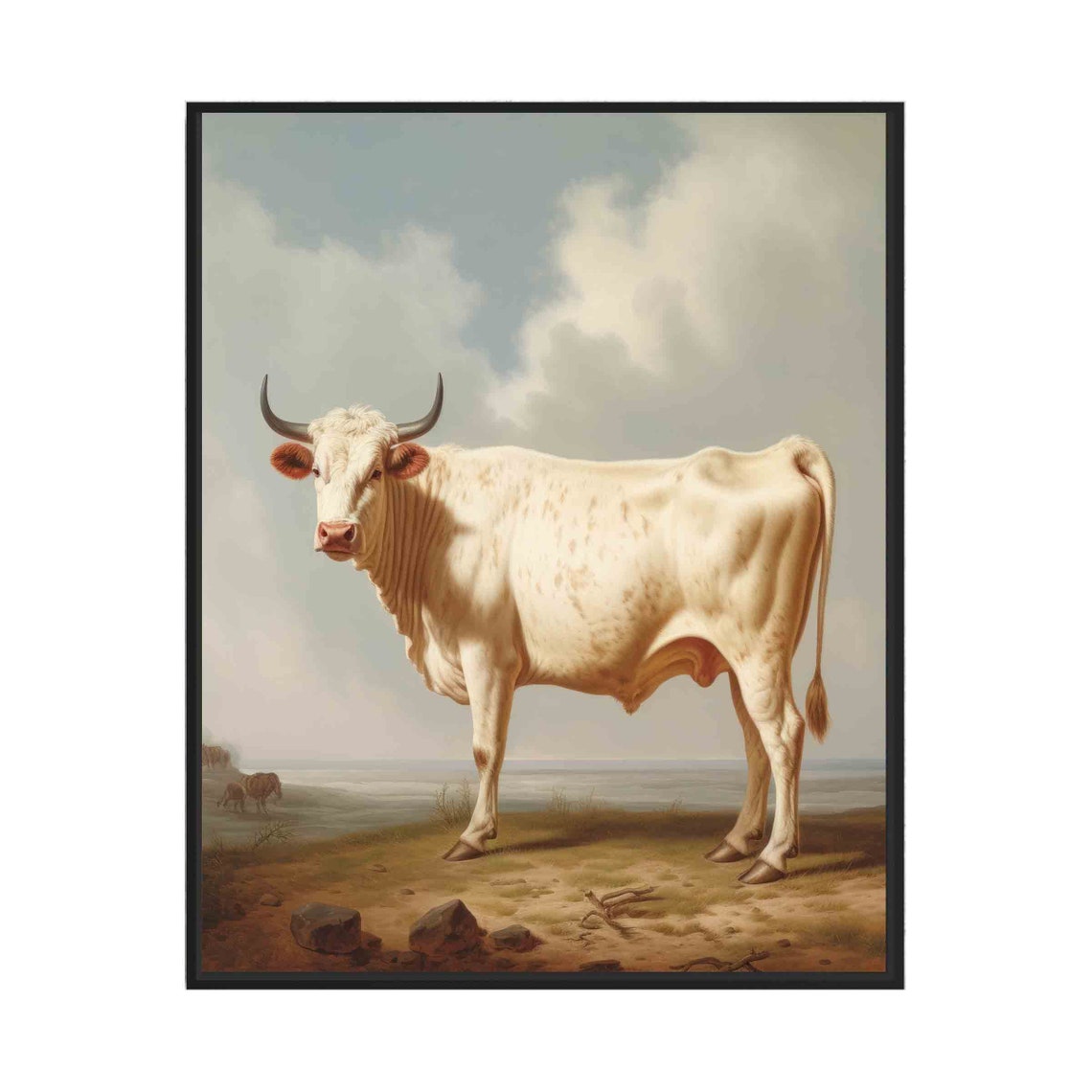 White Bull in Open Pasture Dignified Vintage Farm Animal Art Poster