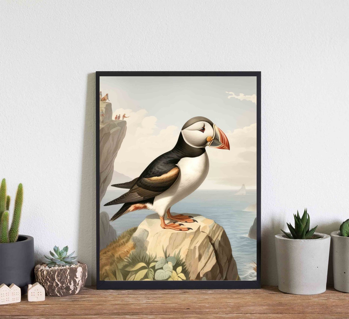 Atlantic Puffin Cliff Perch Vintage Seabird Illustration Poster - Image 3