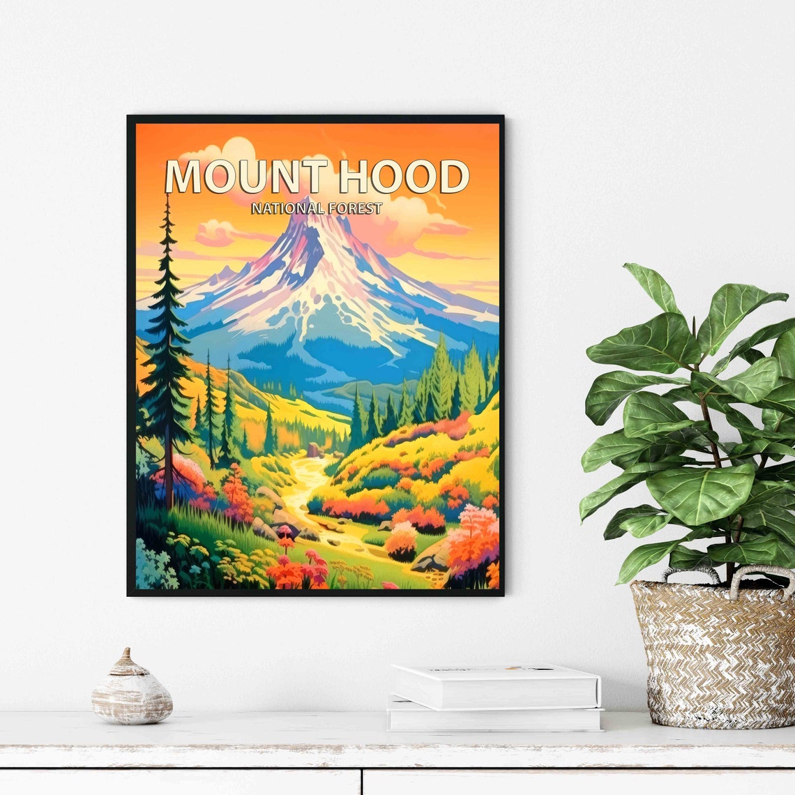Mount Hood National Forest Snow Peak Retro Sunset Travel Poster - Image 2