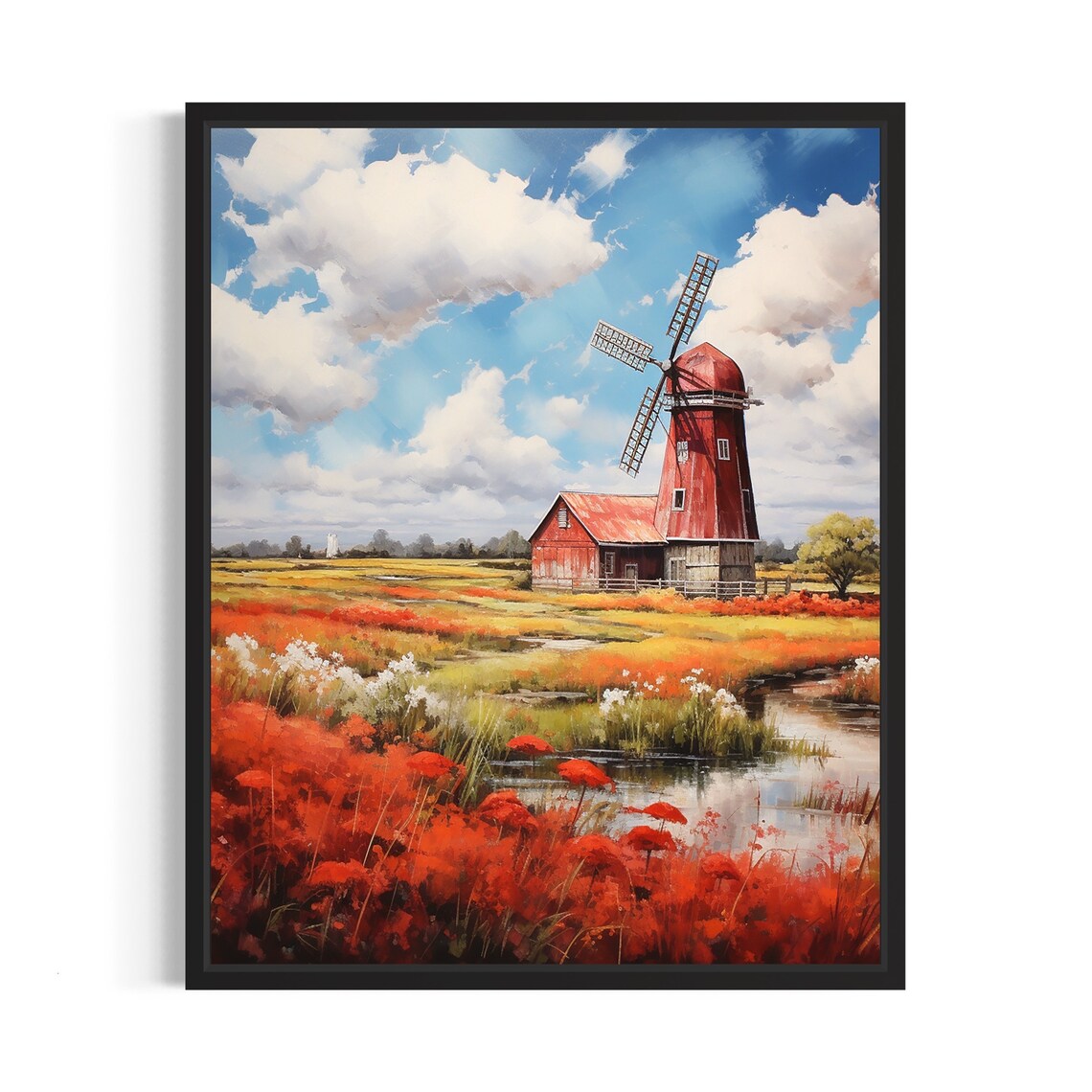 Red Windmill Poppy Field Meadow Vintage Countryside Painting Poster