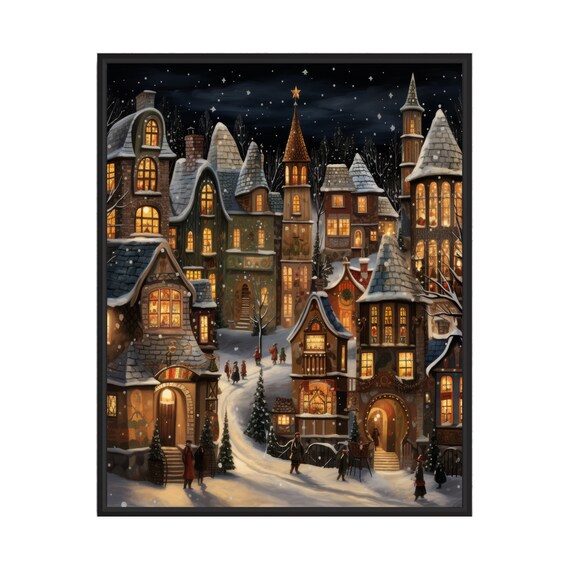 Snowy Christmas Village at Night Storybook Winter Town Art Poster