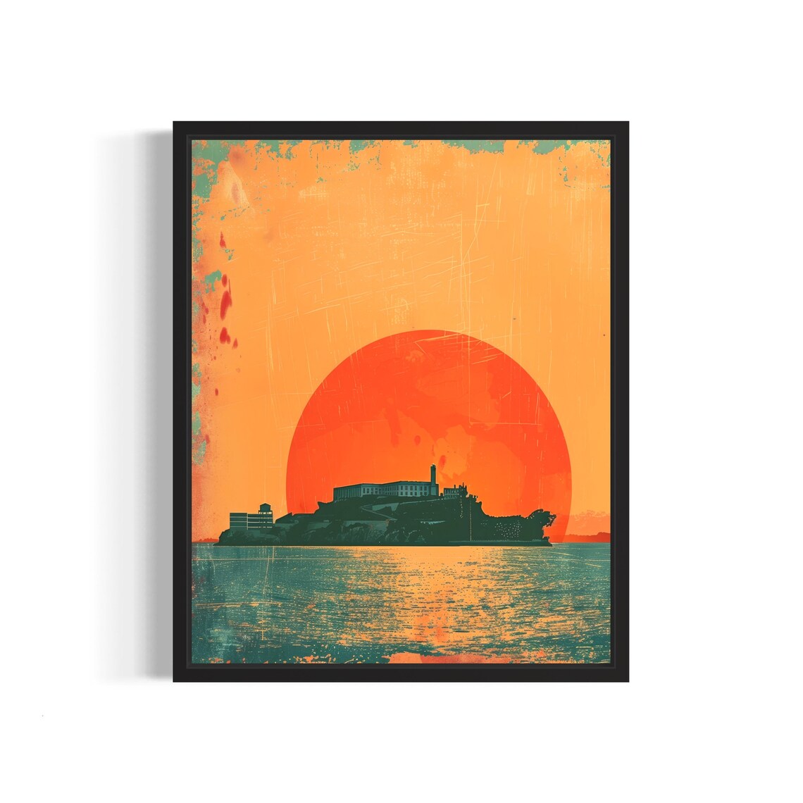 Alcatraz Island Sunset Silhouette Vintage California Travel Poster
