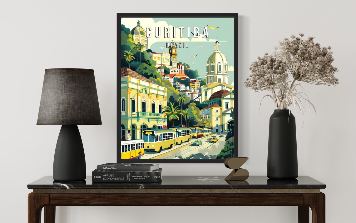 Curitiba Brazil Vintage Travel Poster Historic Street Buses Churches - Image 2