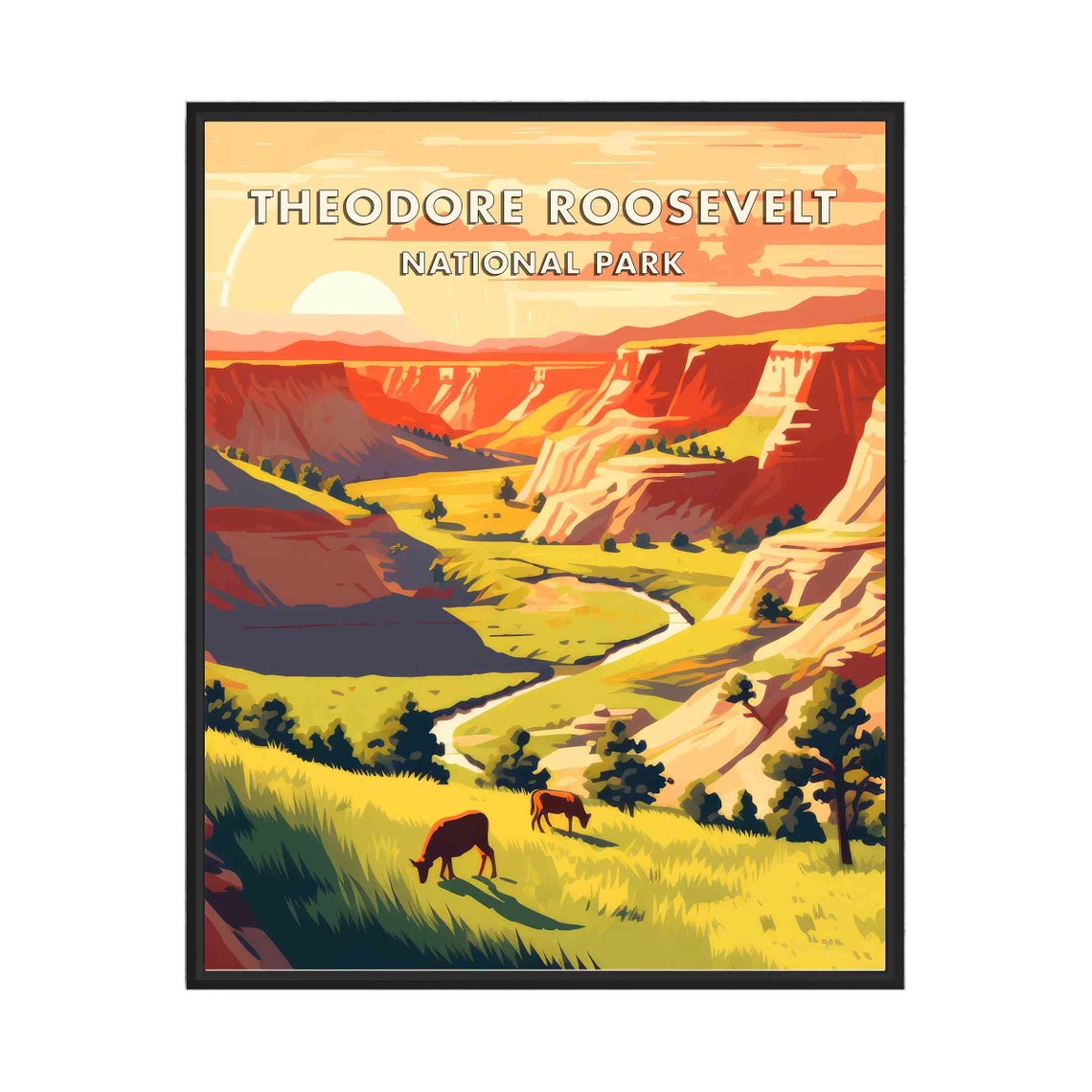 Theodore Roosevelt National Park Bison Badlands Sunset River Poster