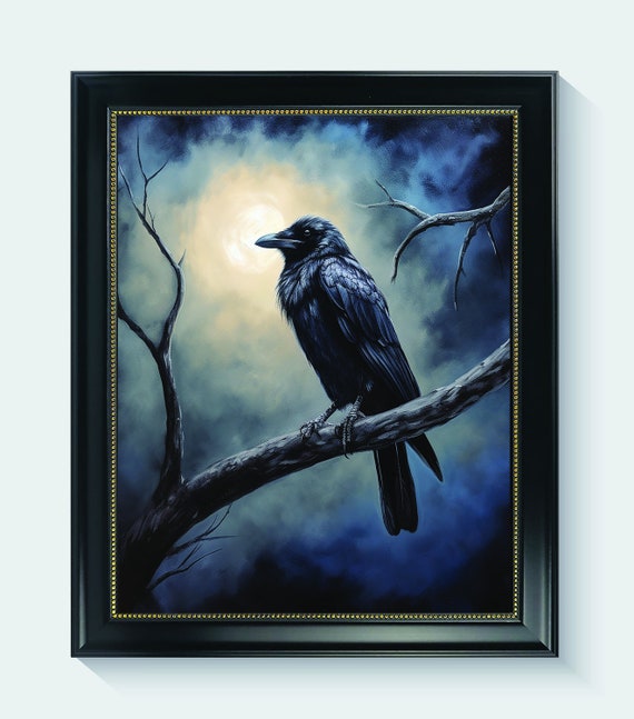 Crow Under The Moonlight Poster Art Print Gothic Wall Decor Painting Artwork