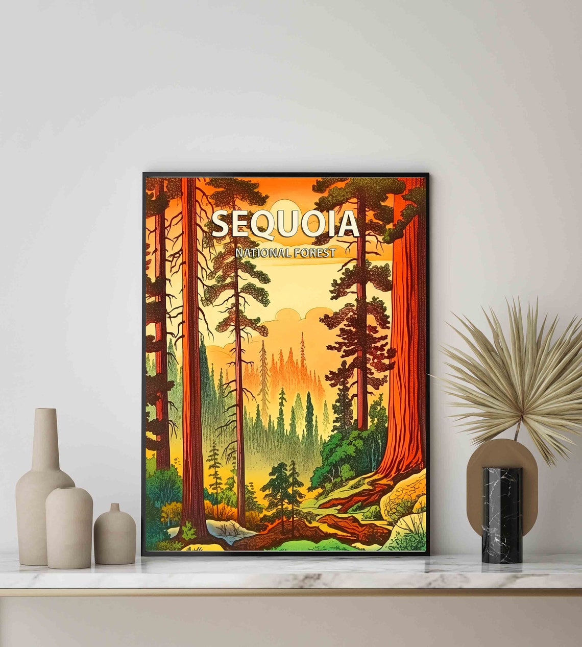 Sequoia National Forest California Giant Trees Retro Sunset Poster - Image 2
