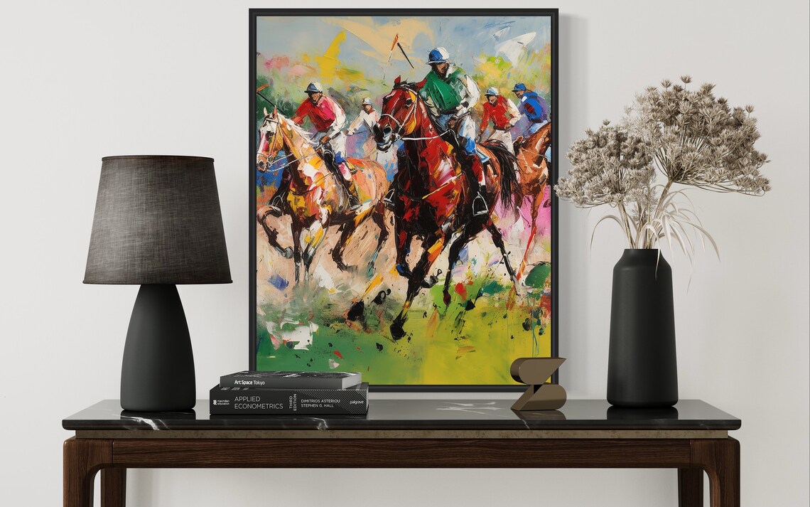 Polo Players on Horseback in Action Colorful Painting Poster - Image 2