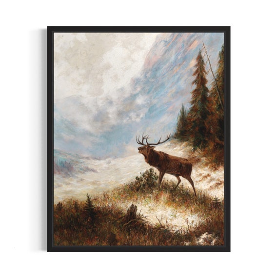 Bugling Elk Stag Windswept Winter Mountain Vintage Art Poster