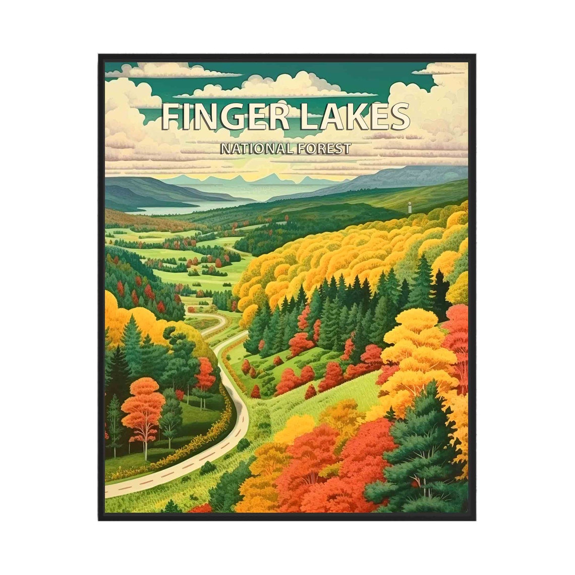 Finger Lakes National Forest Autumn Foliage Retro Travel Poster