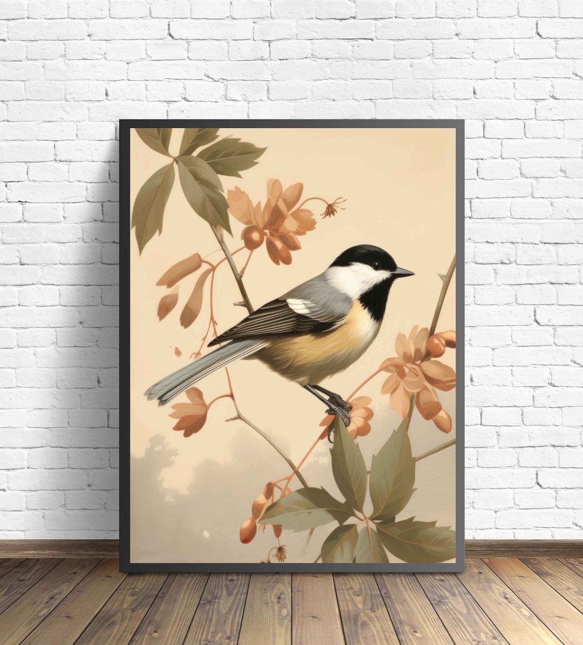 Black Capped Chickadee on Autumn Branch Vintage Ornithology Art Poster