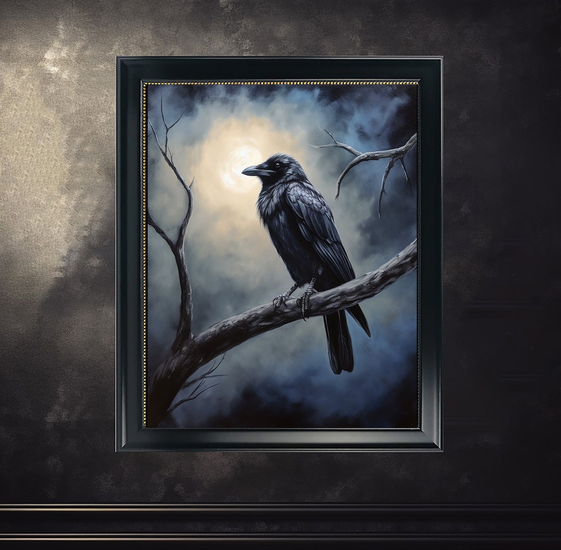 Crow Perched On Branch Under Moonlight Gothic Dark Bird Art Poster - Image 2