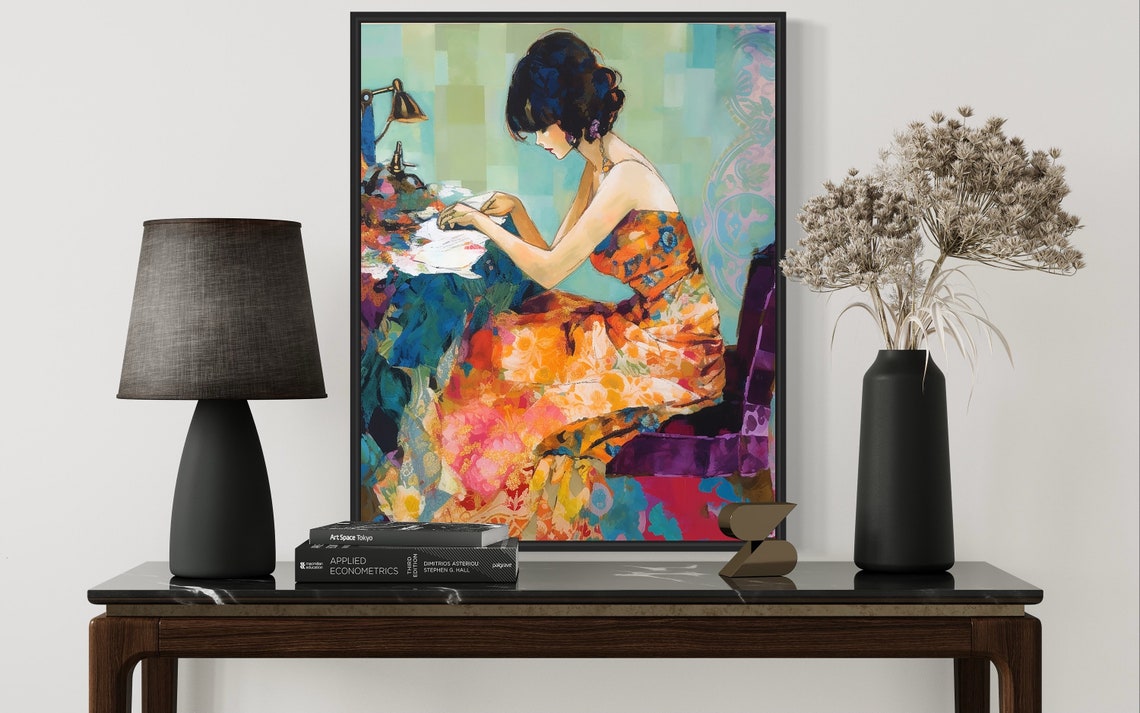 Woman Sewing at Her Table in a Colorful Impressionist Art Poster - Image 2