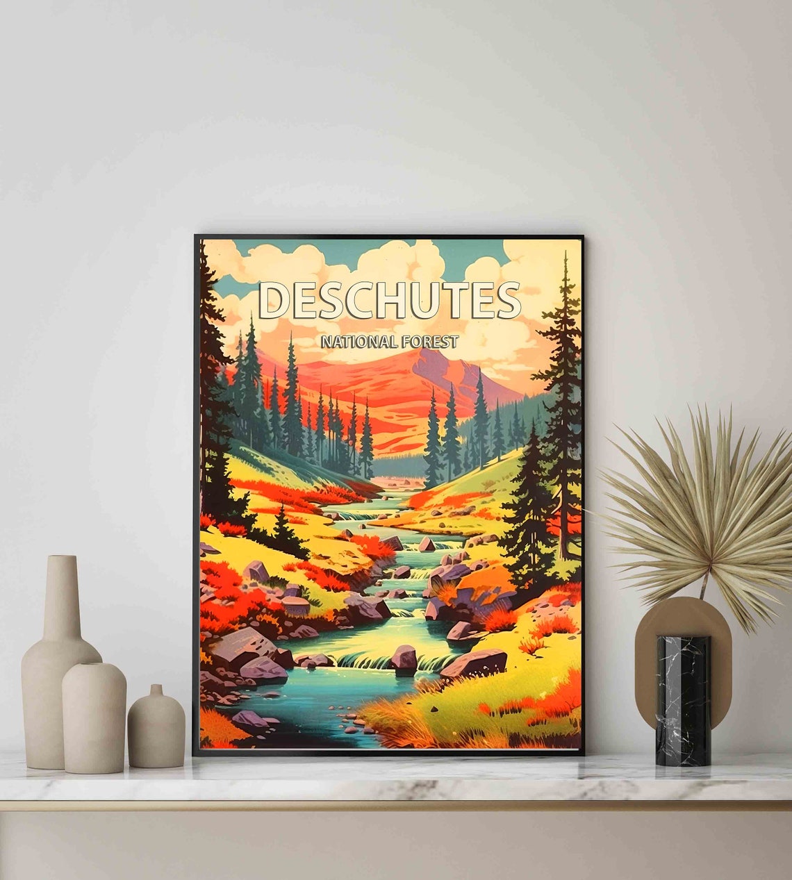 Deschutes National Forest Retro Mountain Stream Travel Poster - Image 3