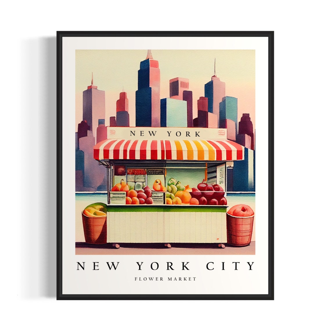 New York City Flower Market Watercolor Painting New York City Botanical Skyline Background Wall Art Poster Print