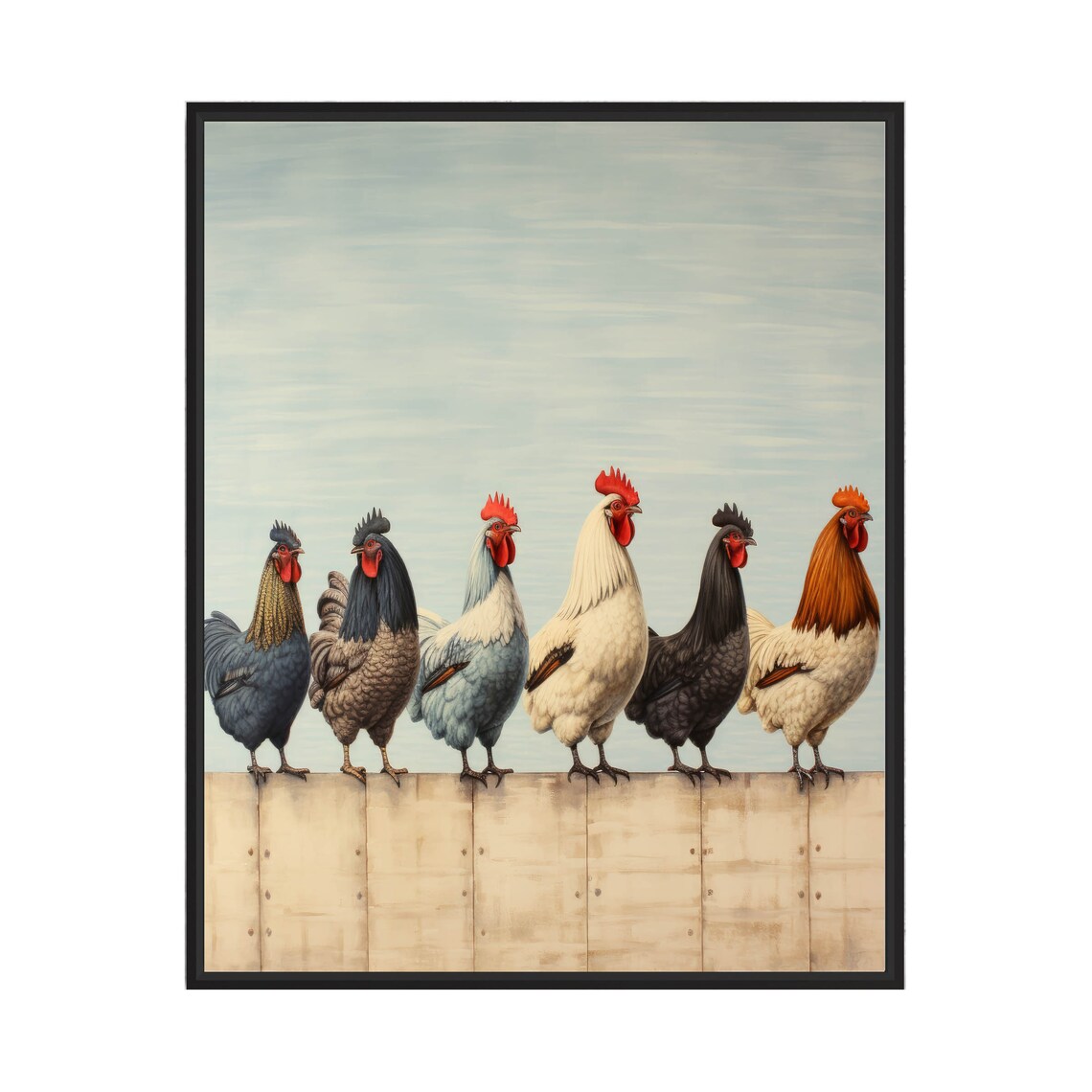 Six Colorful Roosters Lined Up On A Wooden Farm Fence Poster