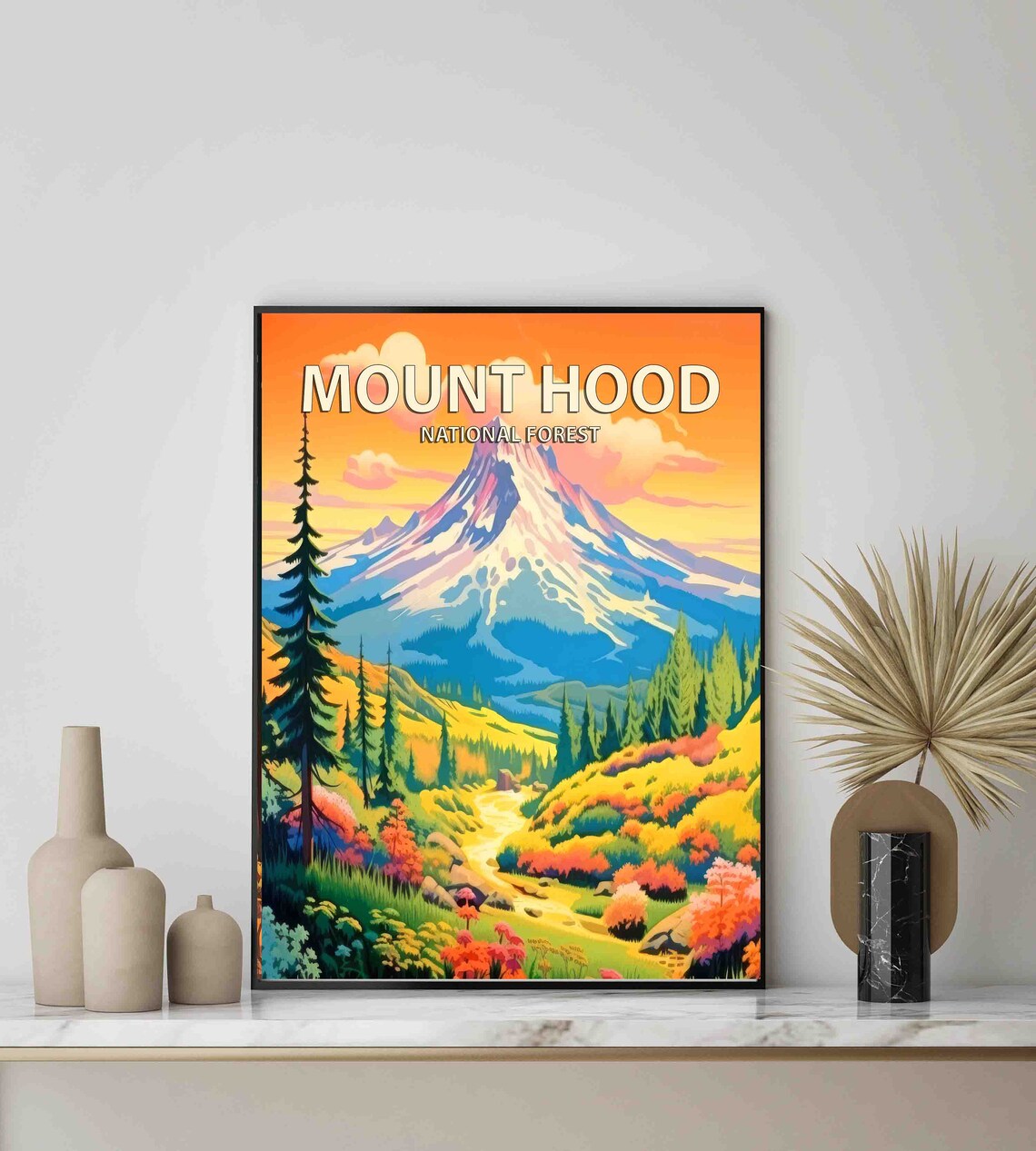 Mount Hood National Forest Snow Peak Retro Sunset Travel Poster - Image 3
