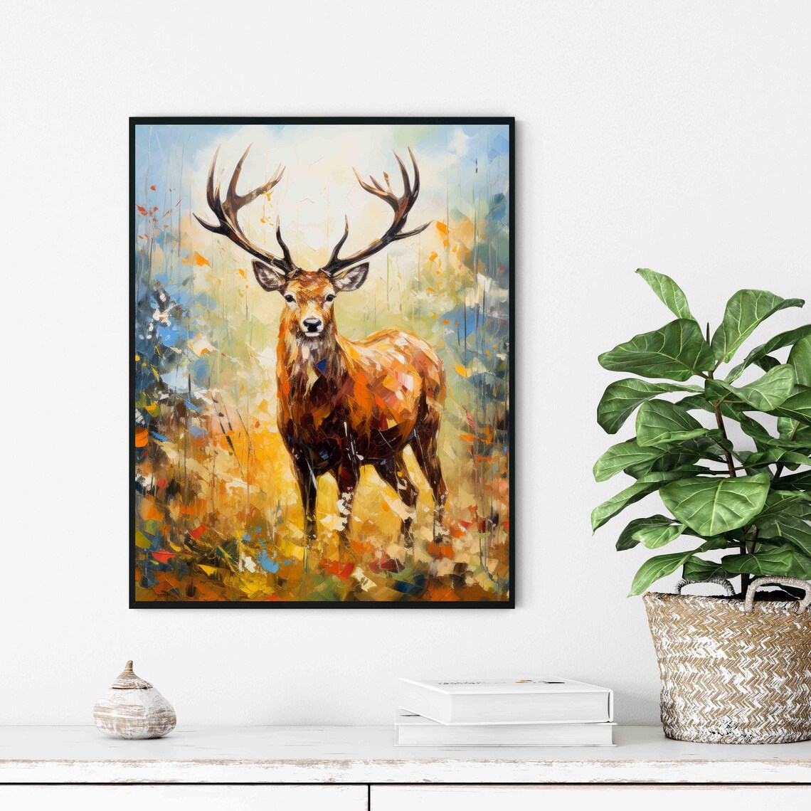 Majestic Stag With Antlers in Autumn Forest Oil Painting Poster - Image 3