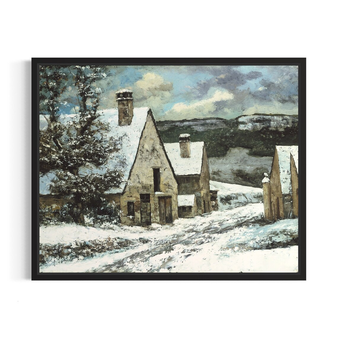 Snowy Stone Village in Valley Vintage Winter Painting Poster