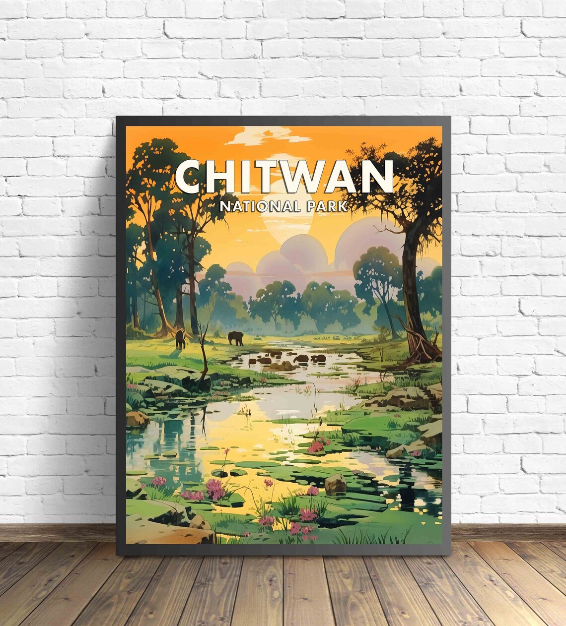 Chitwan National Park Sunset Wetland Wildlife Vintage Travel Poster - Image 3