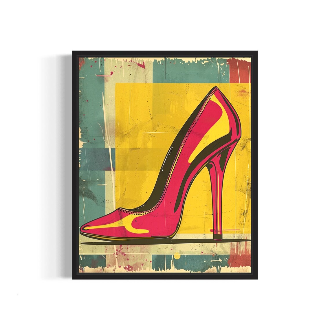 Red High Heel Shoe Pop Art Poster on a Bold Yellow Background