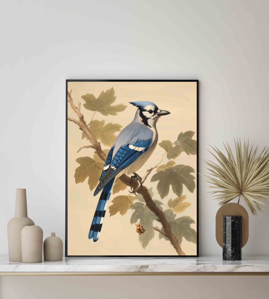 Vintage Blue Jay Botanical Poster Perched on a Leafy Oak Branch - Image 2
