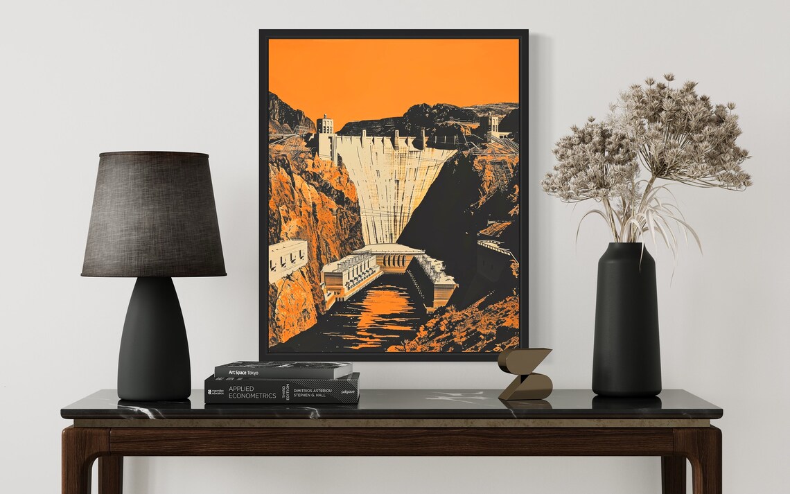 Hoover Dam Poster in Bold Orange Graphic Style Over the Canyon - Image 3