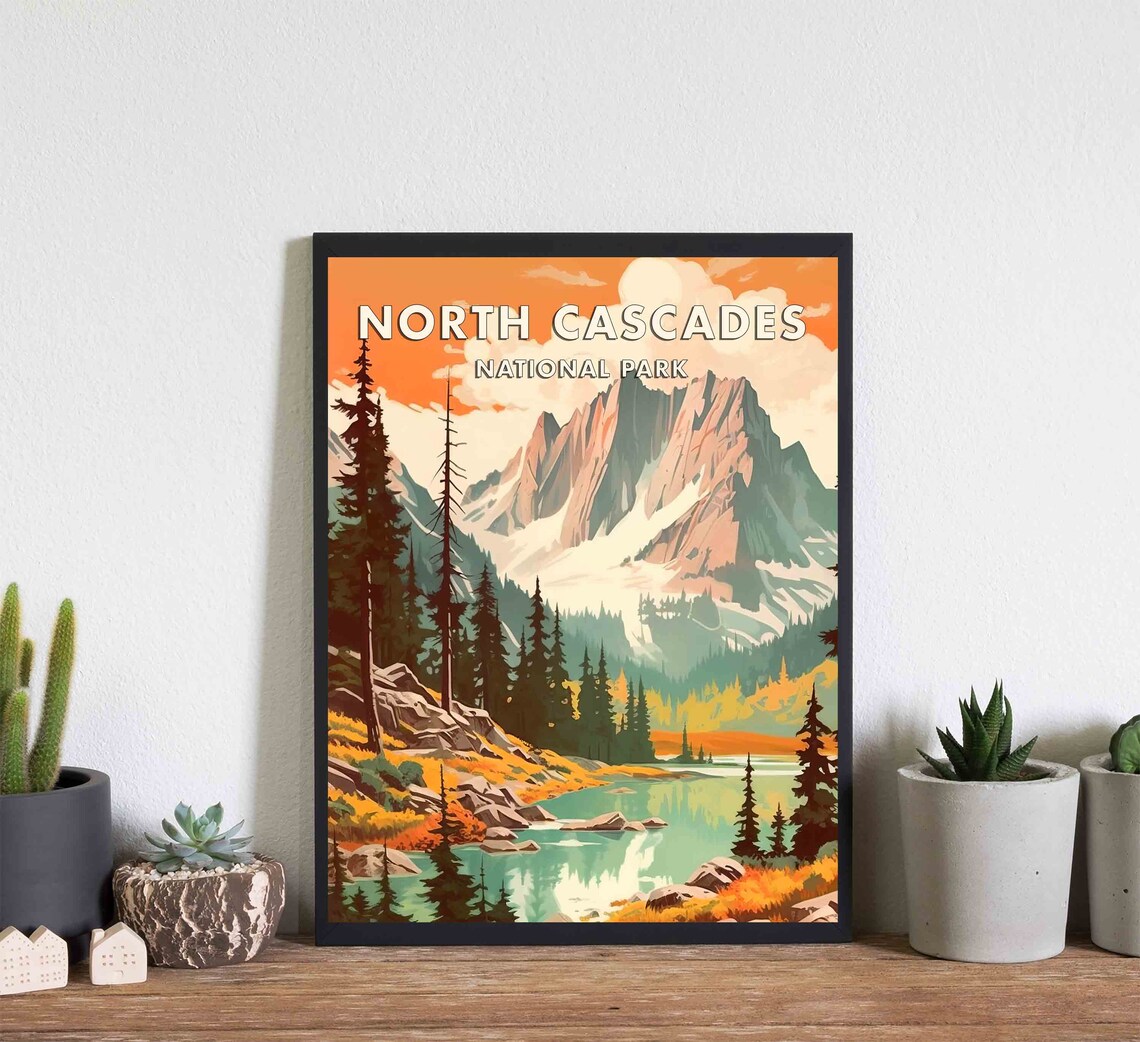 North Cascades National Park Retro Alpine Lake Scenery Travel Poster - Image 3