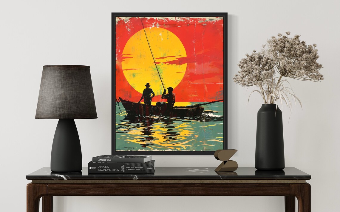 Sunset Fishing Boat Silhouette Retro African Fishermen Poster - Image 2