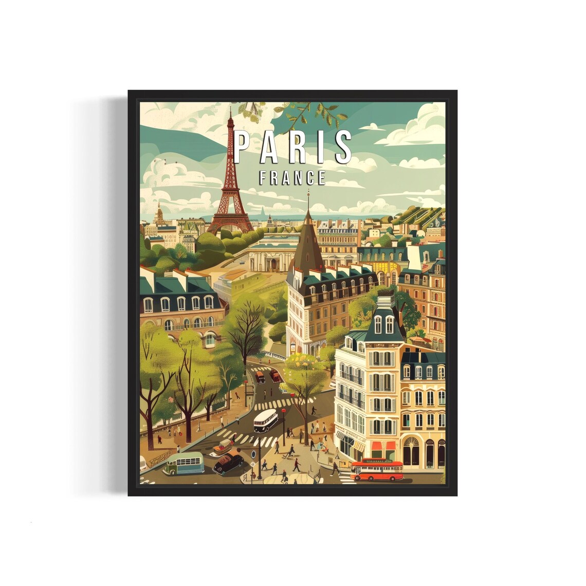 Paris France Eiffel Tower Vintage City Street Scene Art Poster