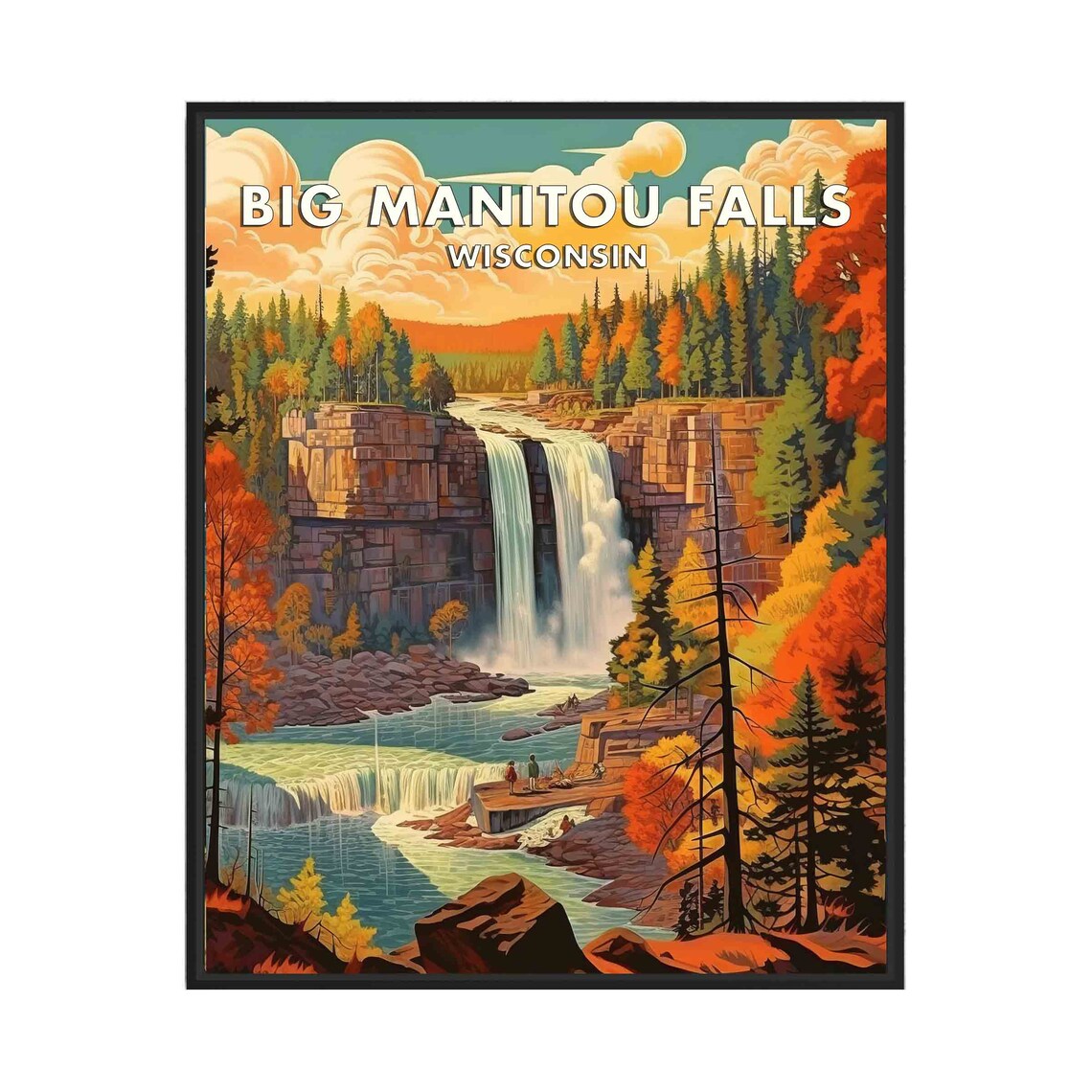 Big Manitou Falls Wisconsin Twin Cascade Autumn Travel Poster