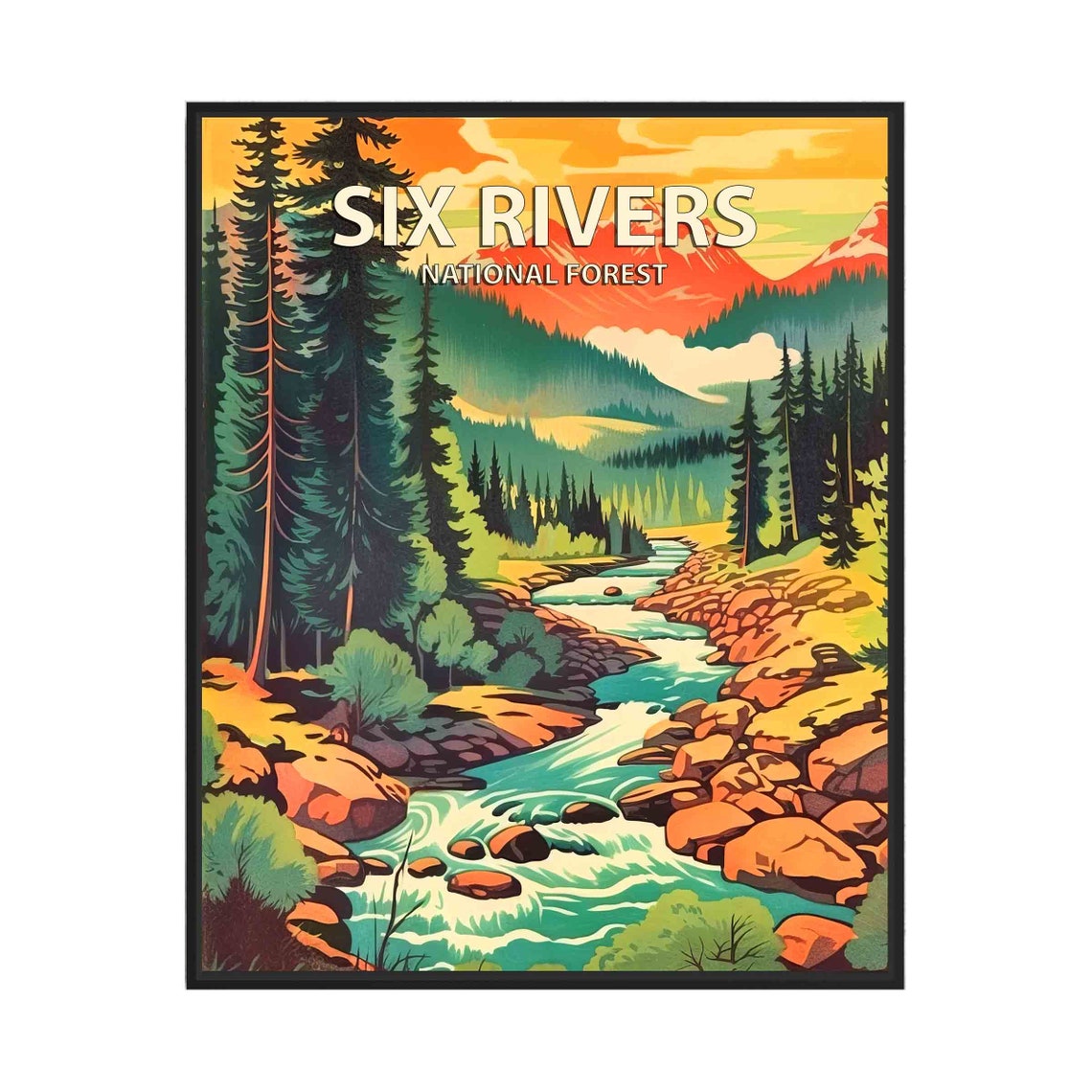 Six Rivers National Forest Mountain River Pine Retro Travel Poster