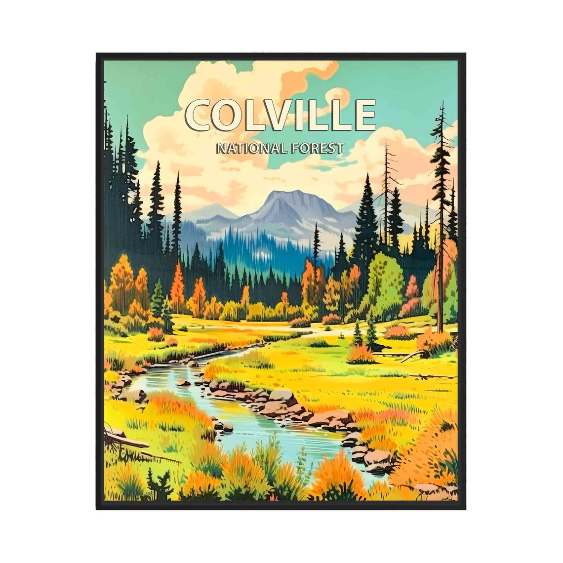 Colville National Forest Vintage Autumn Meadow Stream Poster Scene