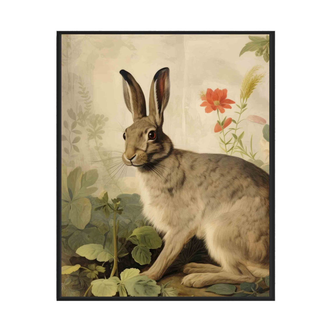 Hare in Wildflower Meadow Delicate Vintage Rabbit Wildlife Poster