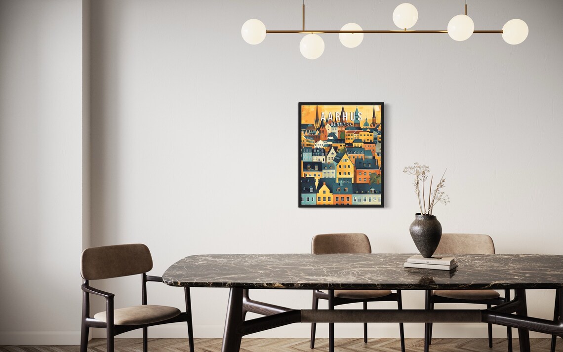Aarhus Denmark Golden Sunset Rooftops City Spires Retro Travel Poster - Image 2