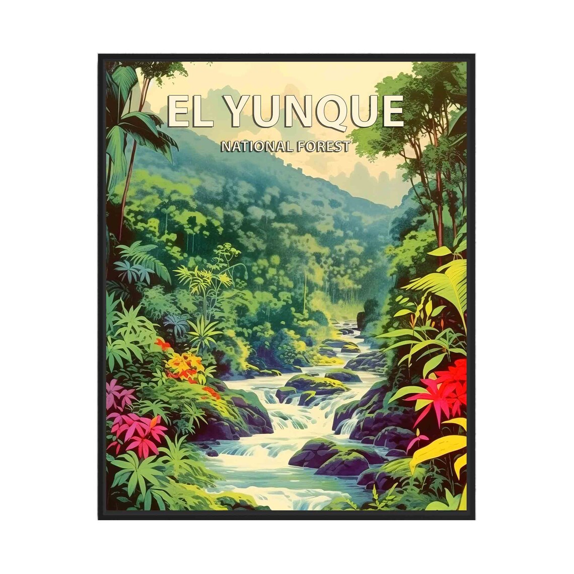 El Yunque National Forest Vintage Travel Poster Lush Jungle Waterfall