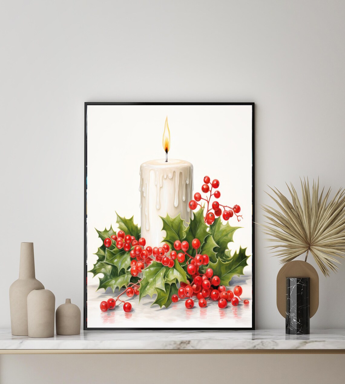 Lit Christmas Candle With Holly Berries Festive Holiday Art Poster - Image 3