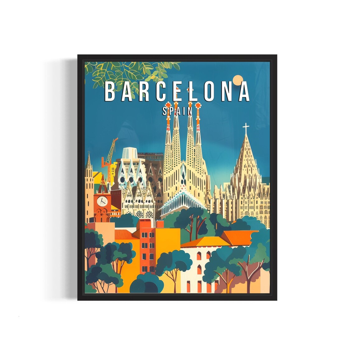 Barcelona Spain Retro City Travel Poster Sagrada Familia View