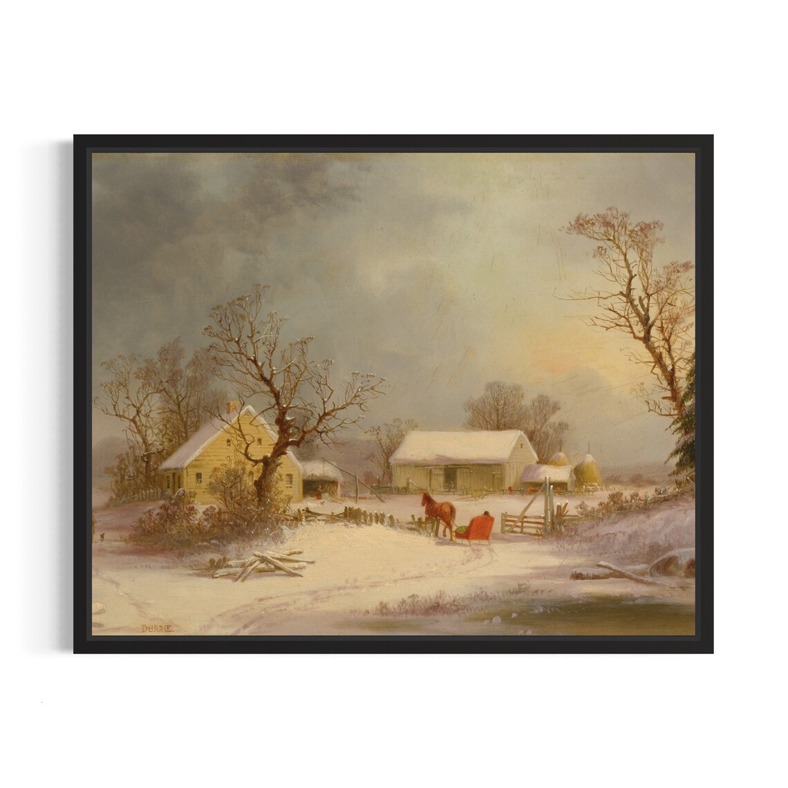 Horse Drawn Sleigh at Snowy Farm Vintage Winter Scene Poster