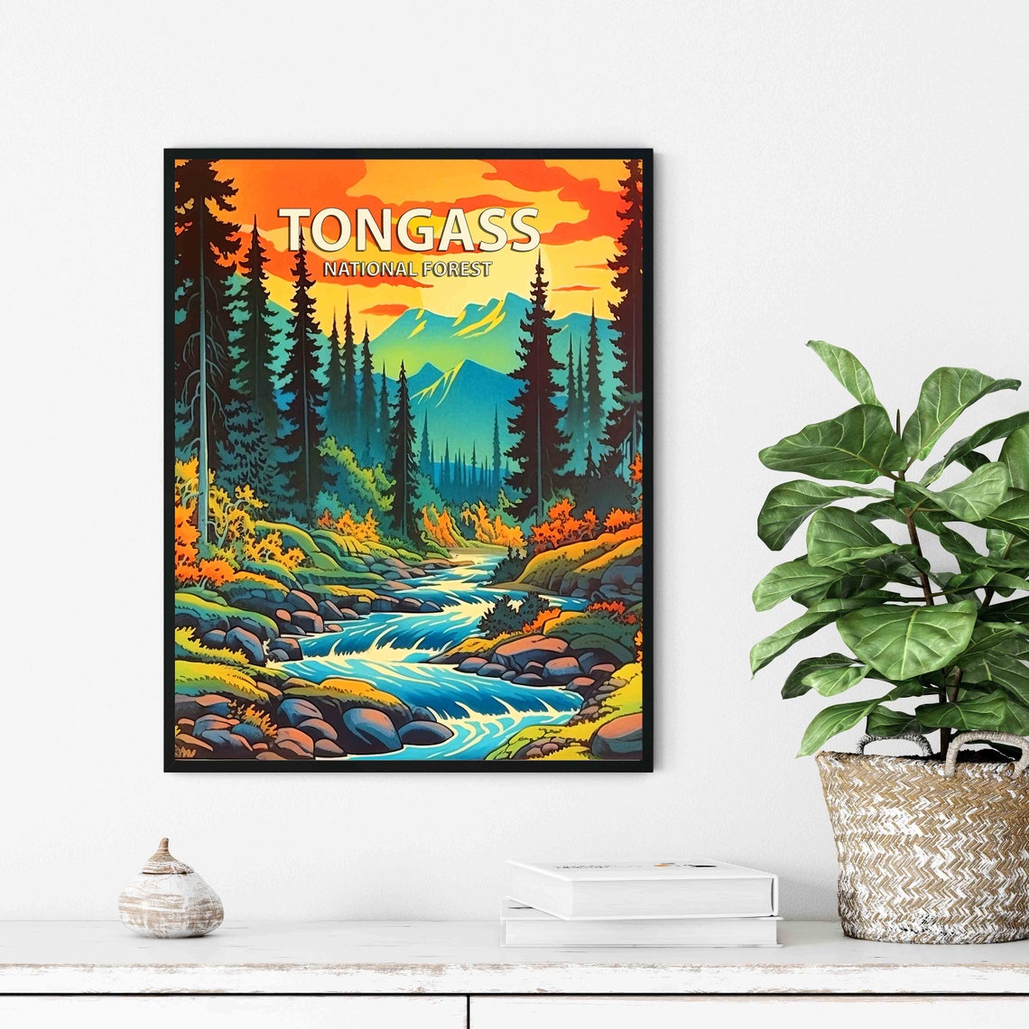 Tongass National Forest Retro Mountain River Stream Sunset Poster - Image 2