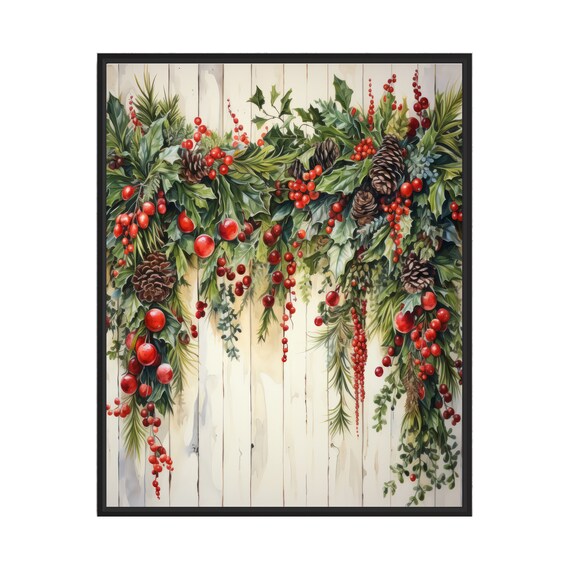 Christmas Garland Watercolor Berries Pinecones Festive Holiday Wall Art