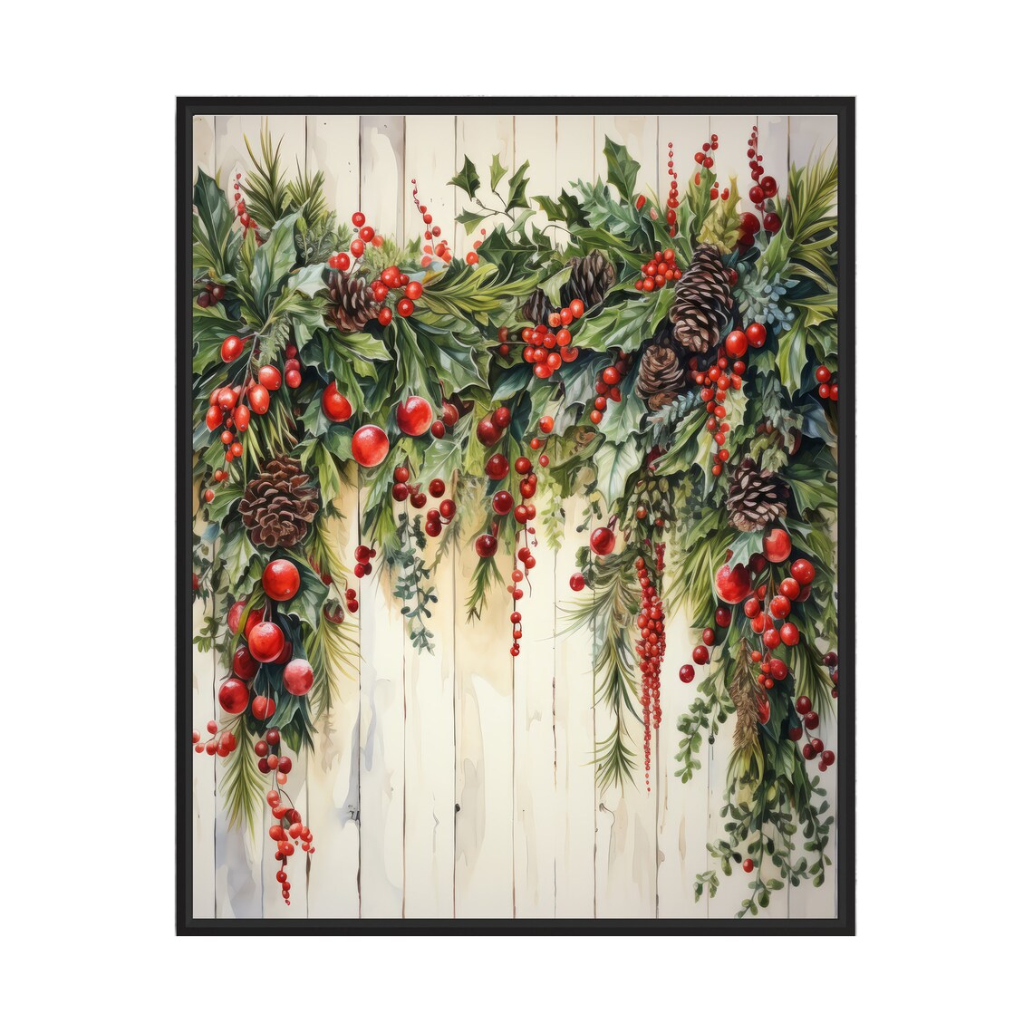 Christmas Garland Watercolor Berries Pinecones Festive Holiday Wall Art