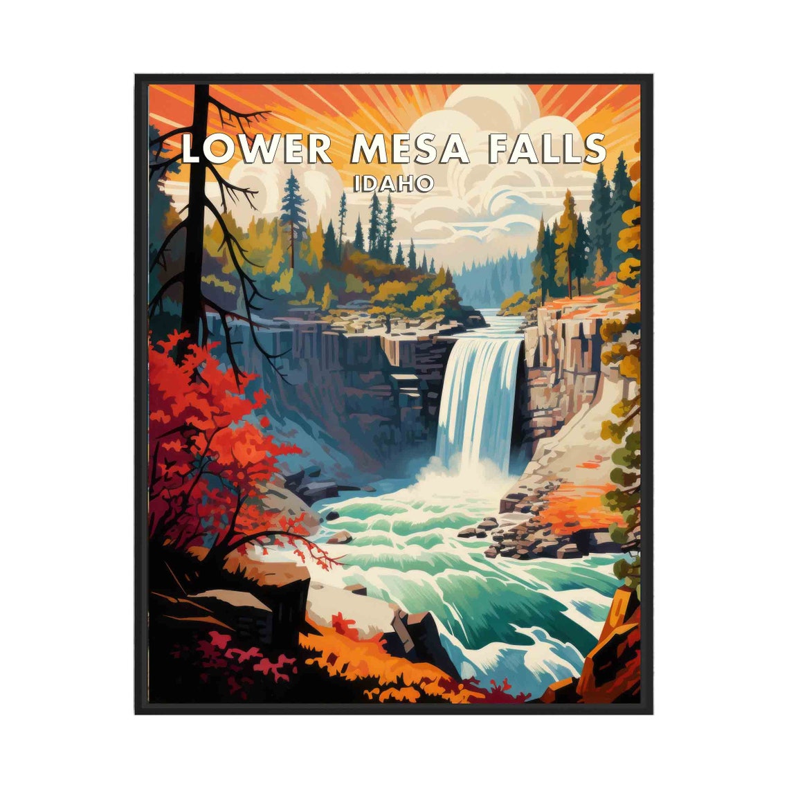 Lower Mesa Falls Idaho Sunset Basalt Canyon Cascade Travel Poster