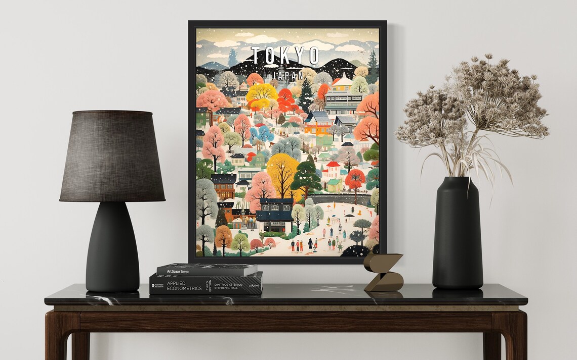 Tokyo Japan Winter Village Poster Colorful Trees Folk Art Travel Decor - Image 3