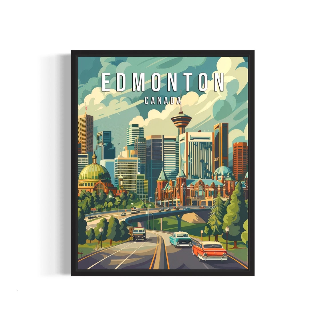 Edmonton Canada Downtown Skyline Mid Century Retro Travel Poster