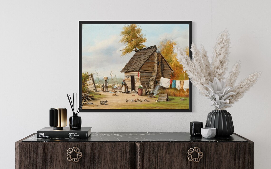 Log Cabin Family Homestead Cotton Field Southern Vintage Art Poster - Image 2